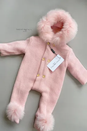 Knitted Pramsuit with Fox Fur Trim