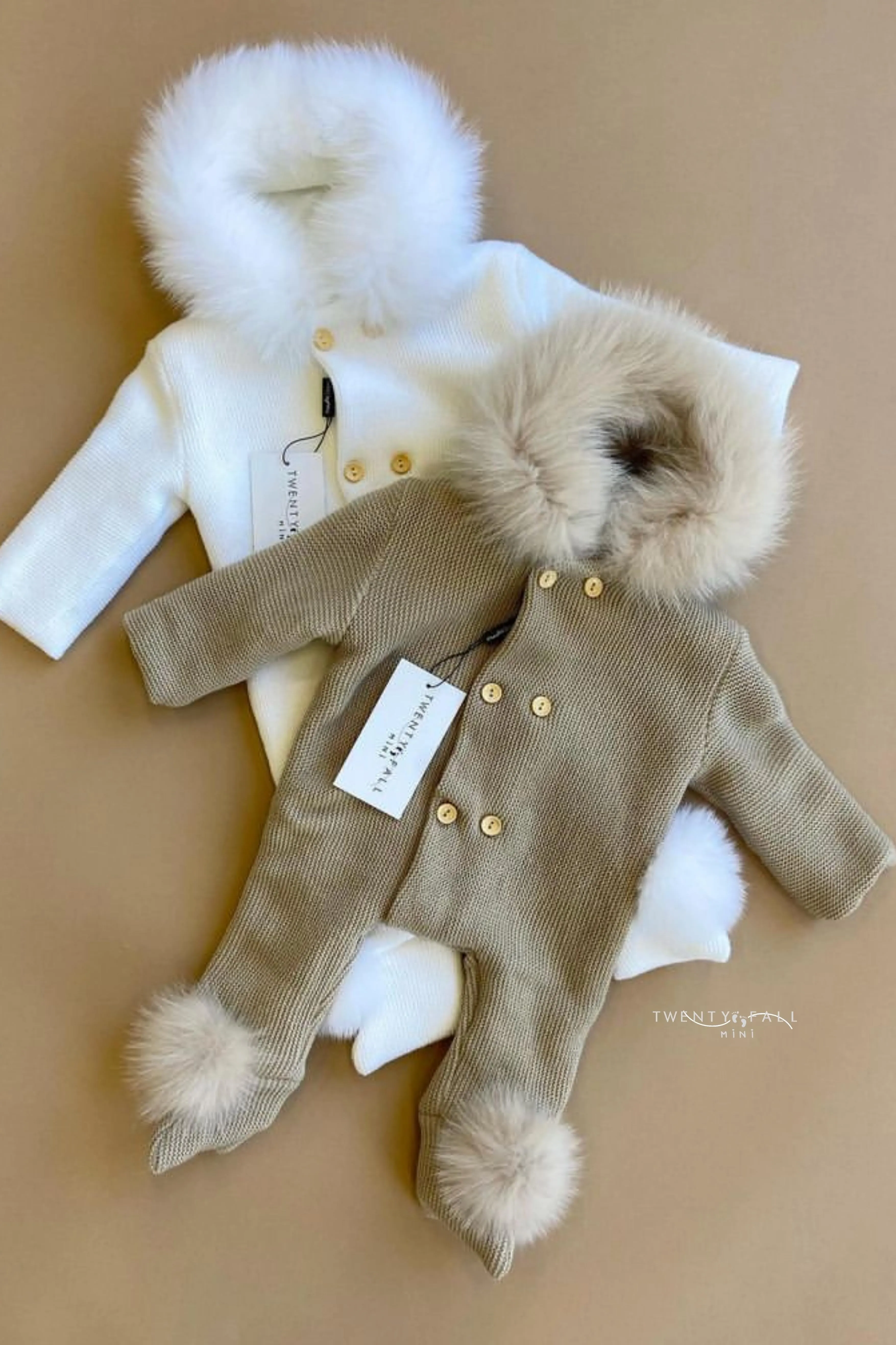 Knitted Pramsuit with Fox Fur Trim