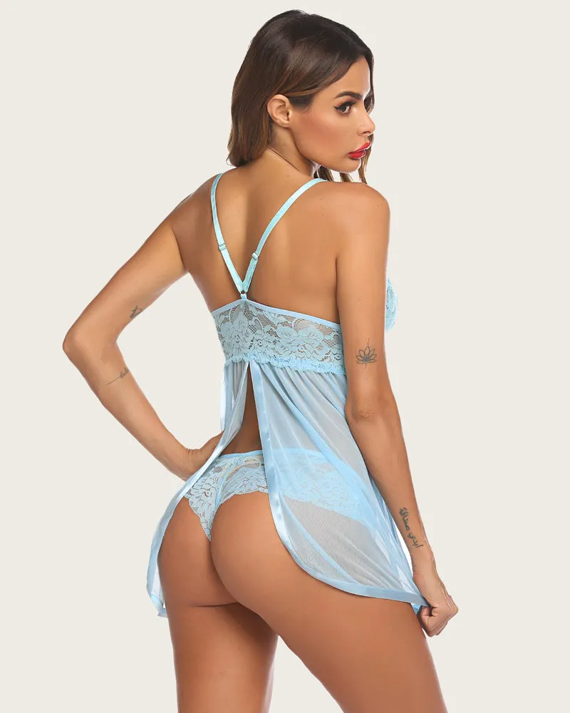 Lace Strap Halter Babydoll V Neck Mesh Nightgown