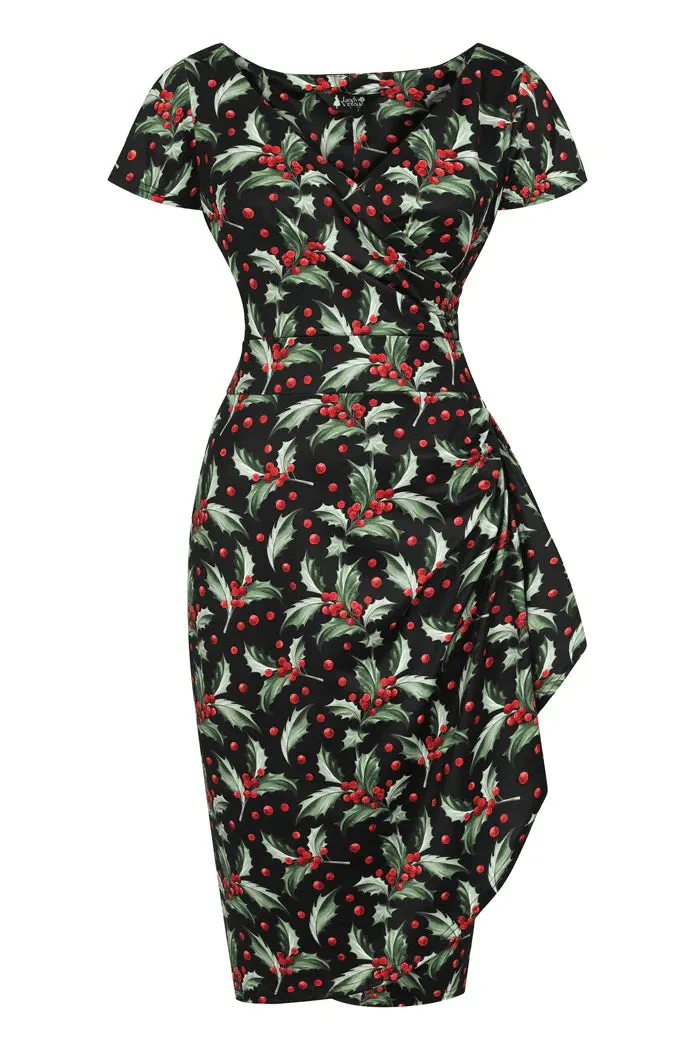 Lady Vintage Elsie Dress in Holly Print Christmas