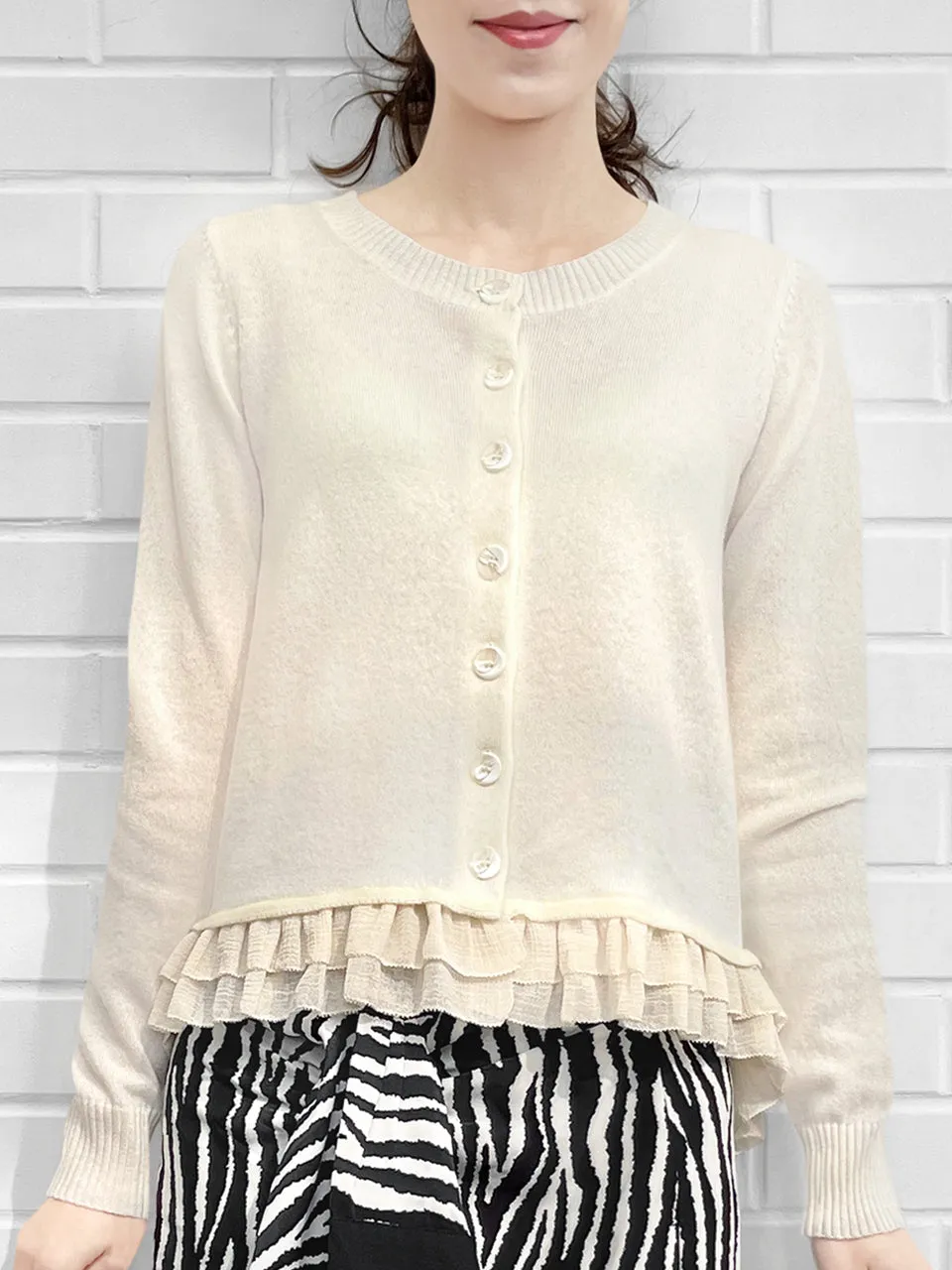 Last Chance! Ivory Cashmere & Wool Blended Chiffon Ruffle Hem Cardigan