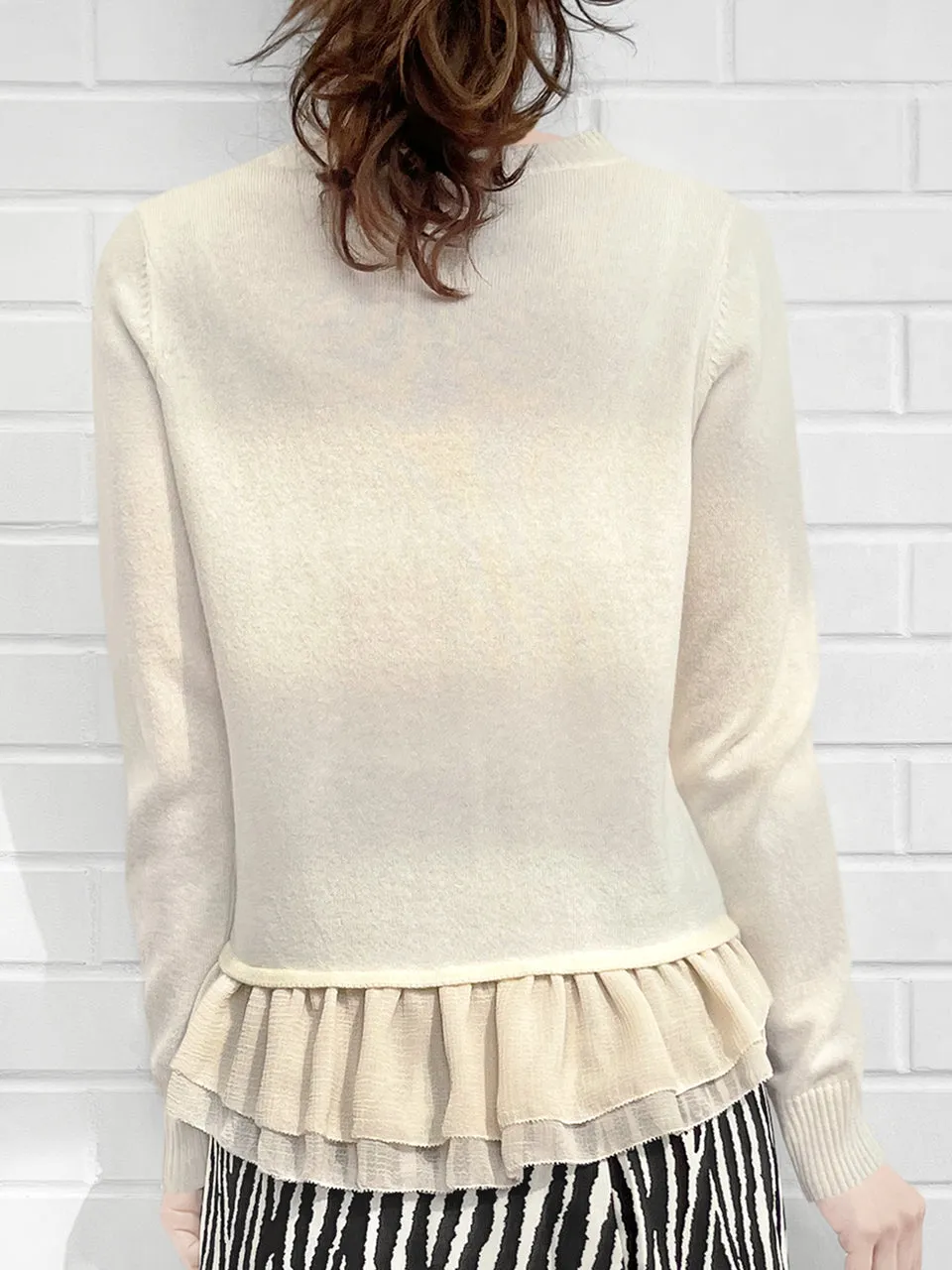 Last Chance! Ivory Cashmere & Wool Blended Chiffon Ruffle Hem Cardigan