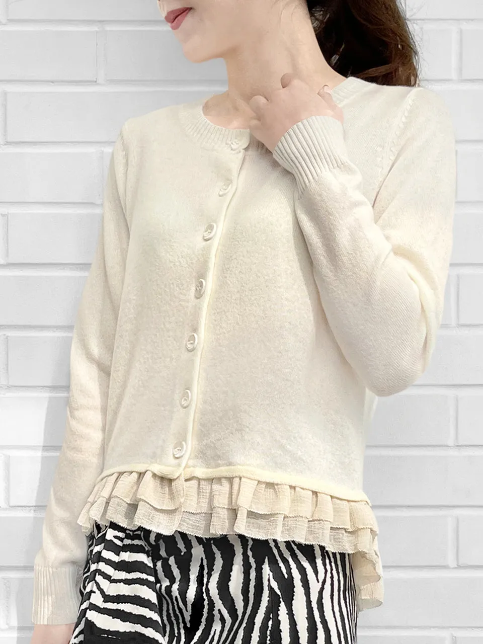 Last Chance! Ivory Cashmere & Wool Blended Chiffon Ruffle Hem Cardigan