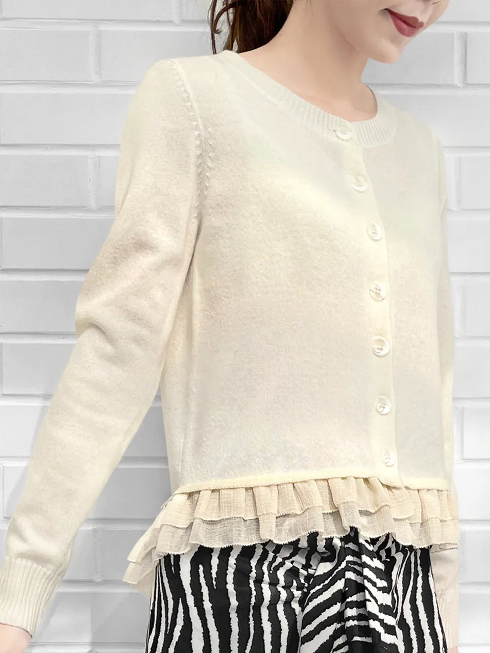 Last Chance! Ivory Cashmere & Wool Blended Chiffon Ruffle Hem Cardigan