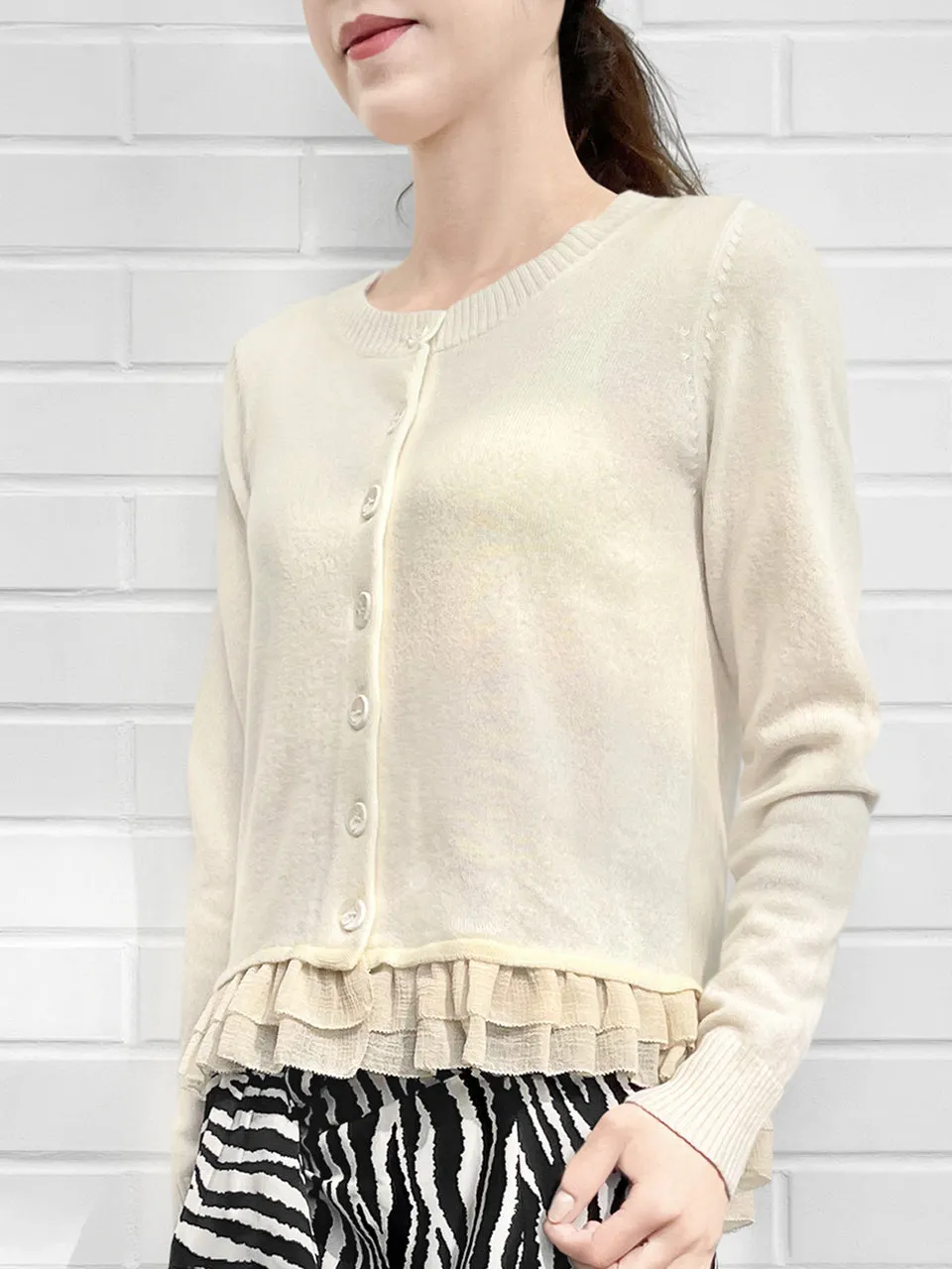 Last Chance! Ivory Cashmere & Wool Blended Chiffon Ruffle Hem Cardigan