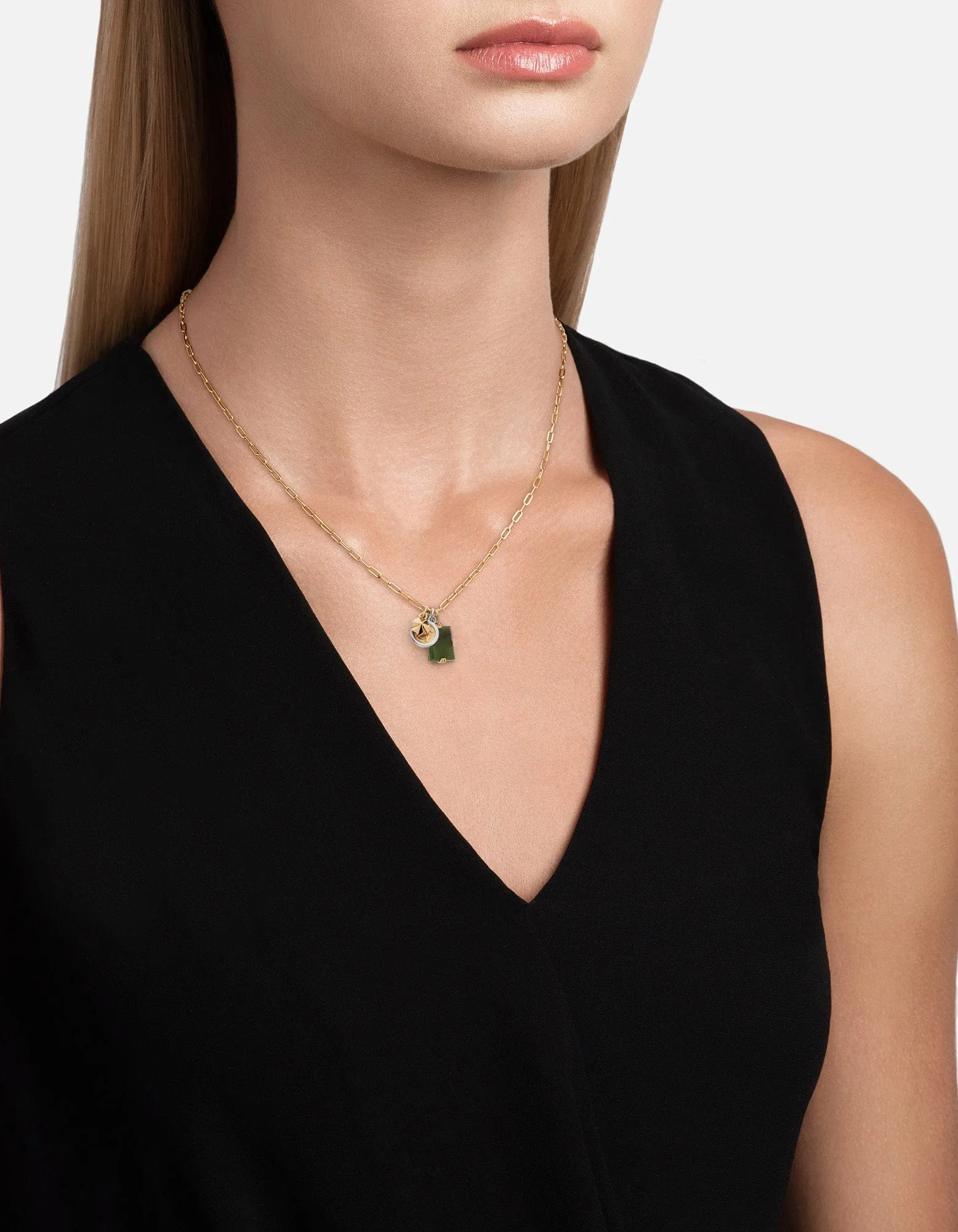 Lennox Trilogy Cable Chain Necklace, Sterling Silver/Gold Vermeil/Jasper Green