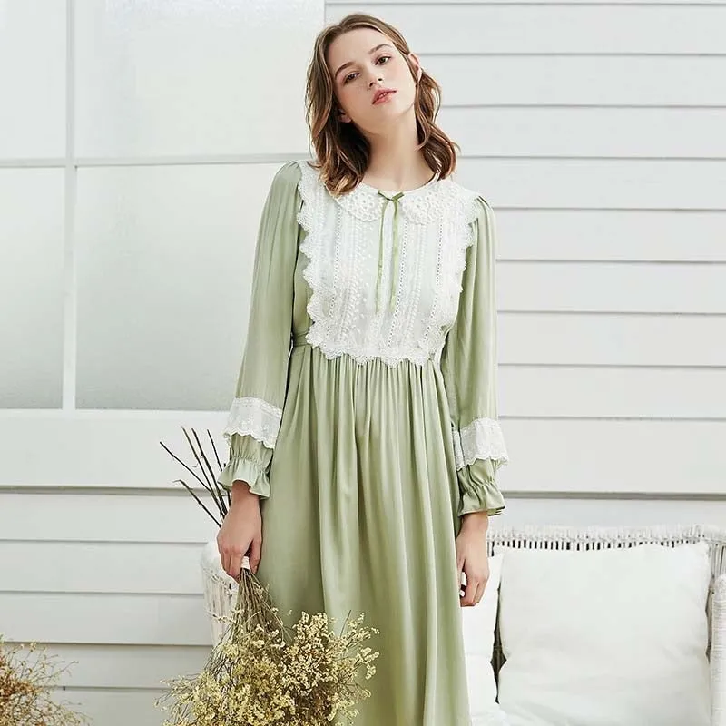 Light Green Long Sleeve Royal Elegant Vintage Lace Nightgown