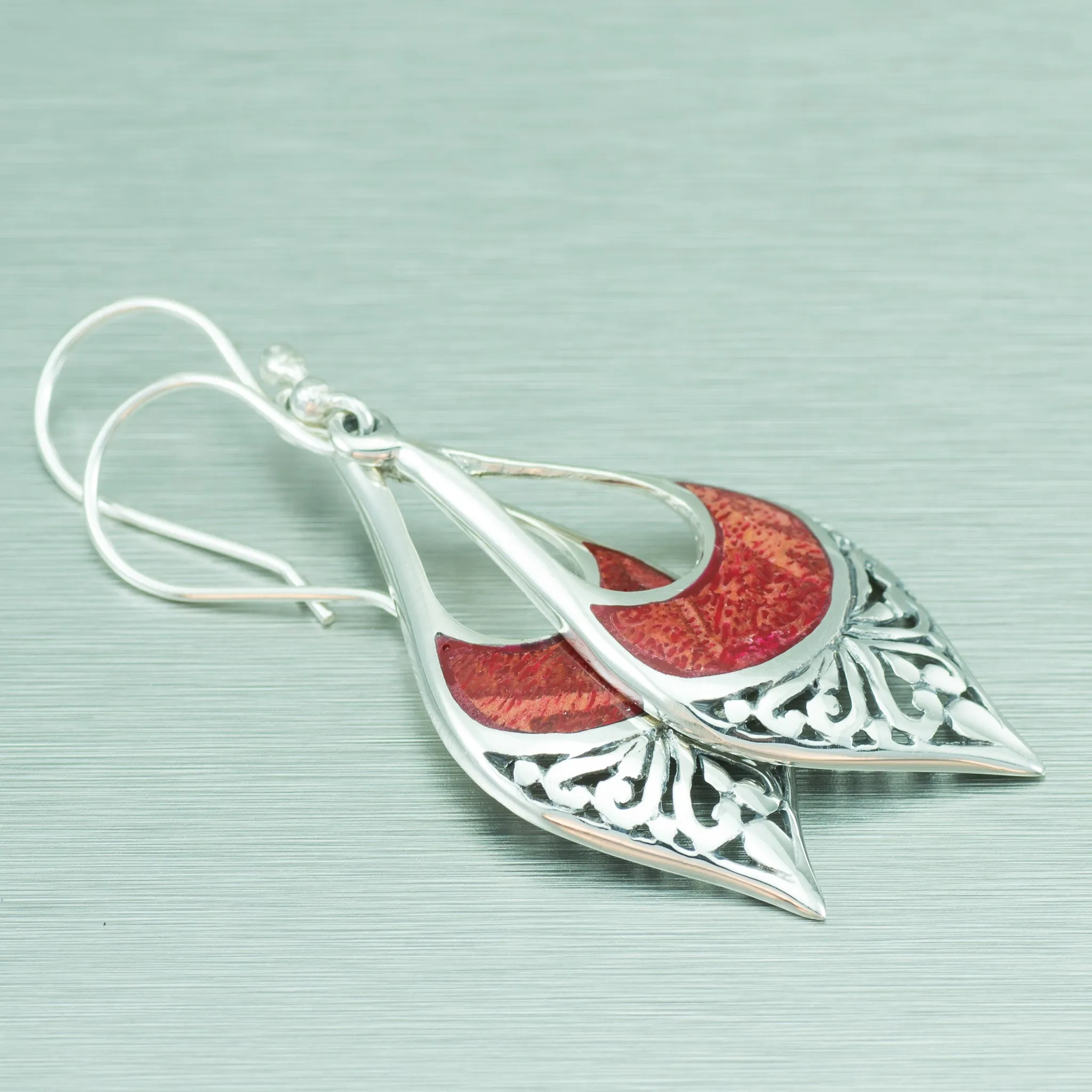 Long Coral Sterling Silver Balinese Earrings