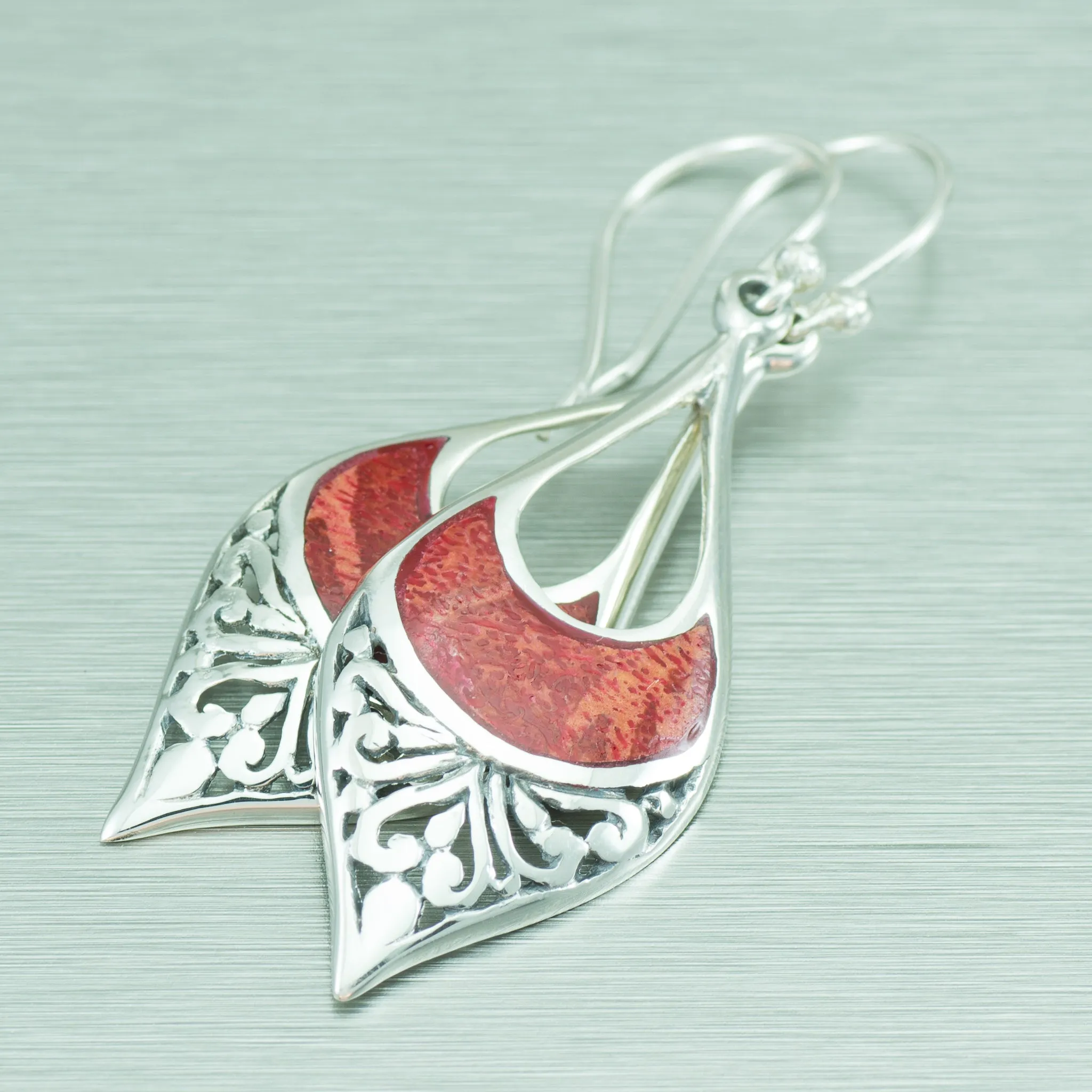 Long Coral Sterling Silver Balinese Earrings