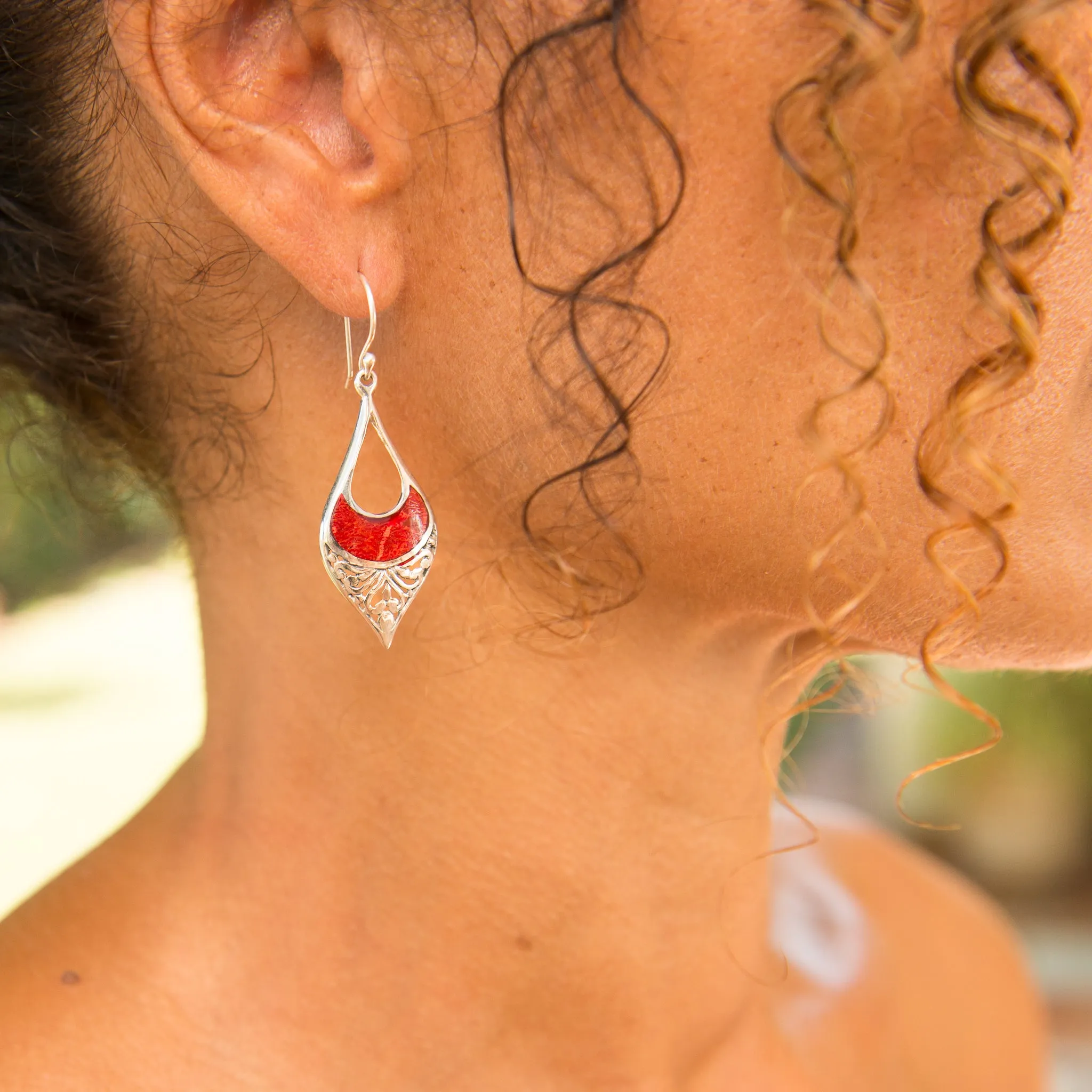 Long Coral Sterling Silver Balinese Earrings