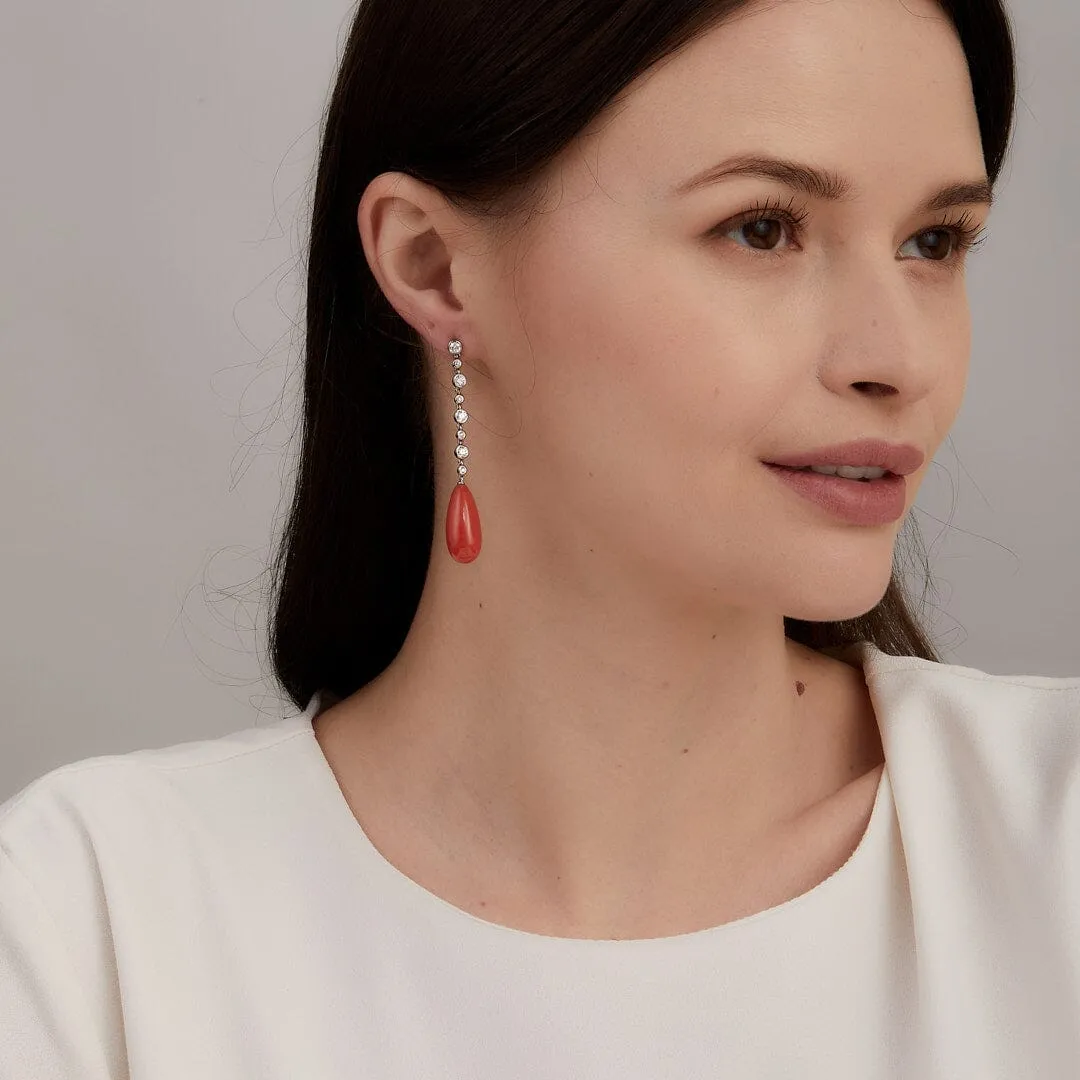 Long Diamond Coral Drop Earrings