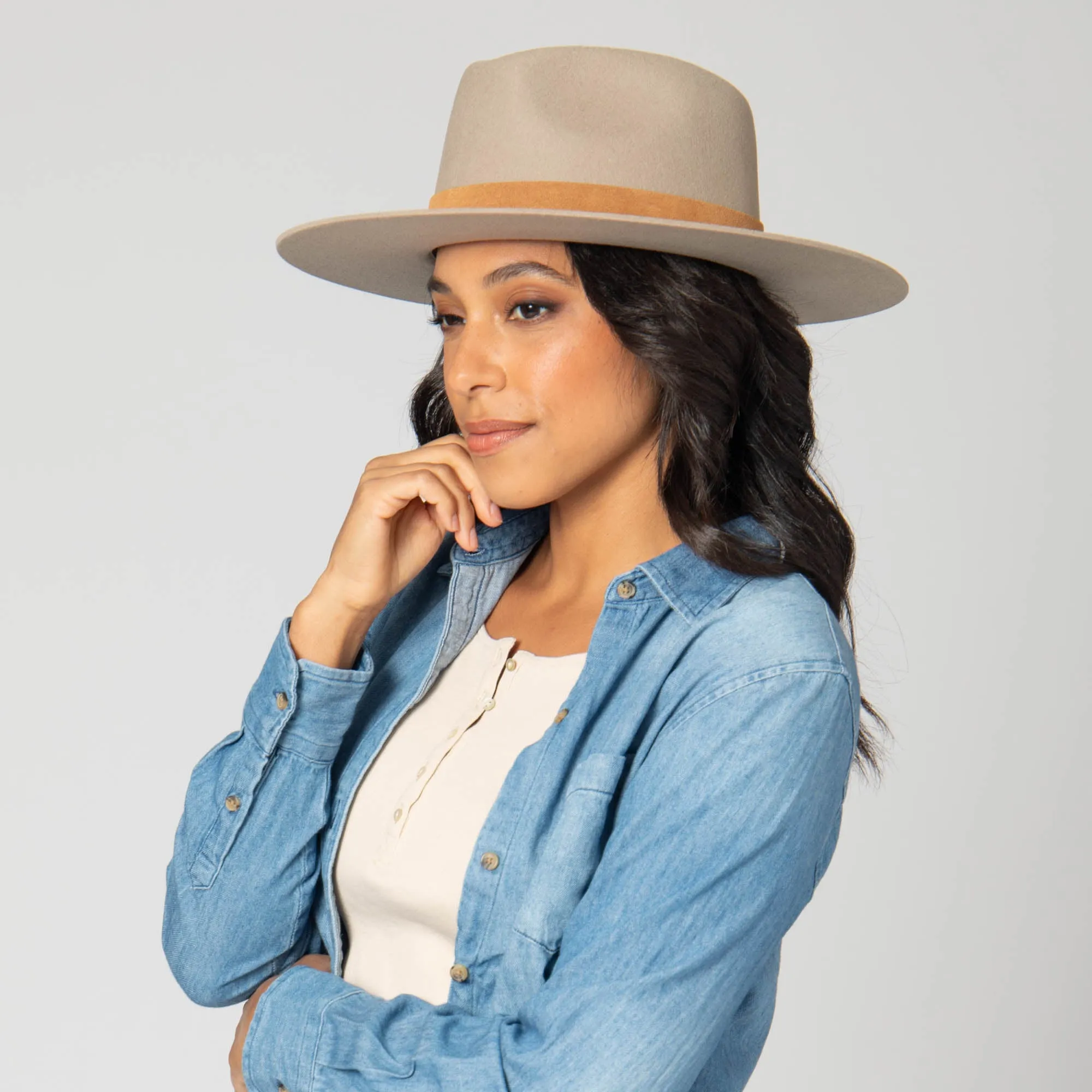 Loretta - Stiff Brim Fedora with Suede Band and Gold Chain