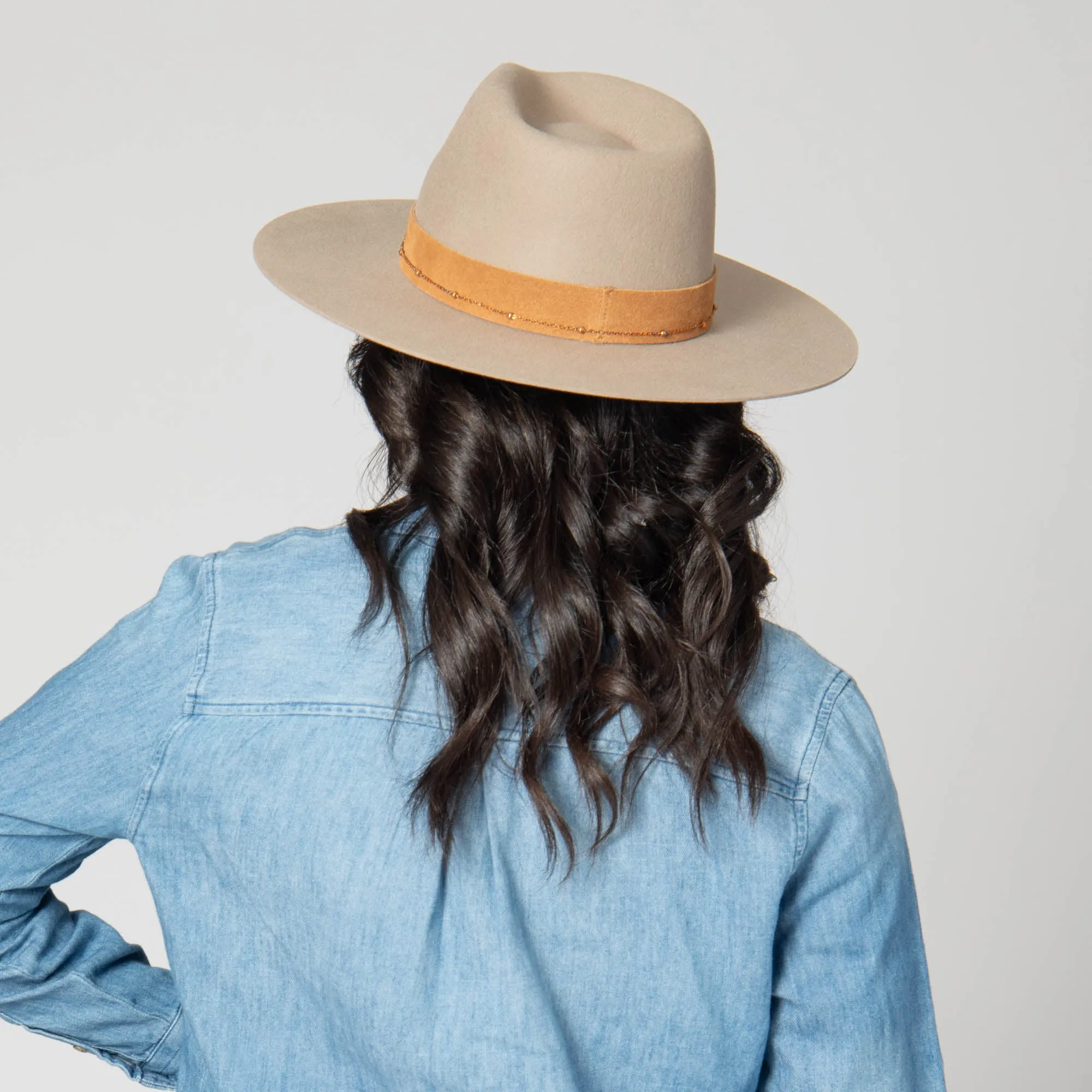 Loretta - Stiff Brim Fedora with Suede Band and Gold Chain