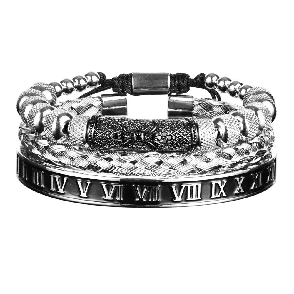 Luxury 3pcs/Set Flower Cross Charm Bangles Stainless Steel Men Bracelet, Enamel Roman Number Europe Fashion Jewelry