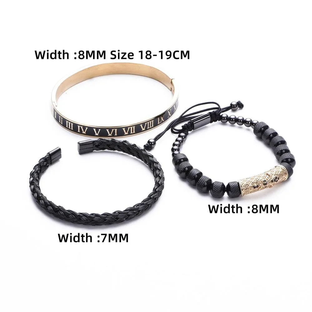 Luxury 3pcs/Set Flower Cross Charm Bangles Stainless Steel Men Bracelet, Enamel Roman Number Europe Fashion Jewelry