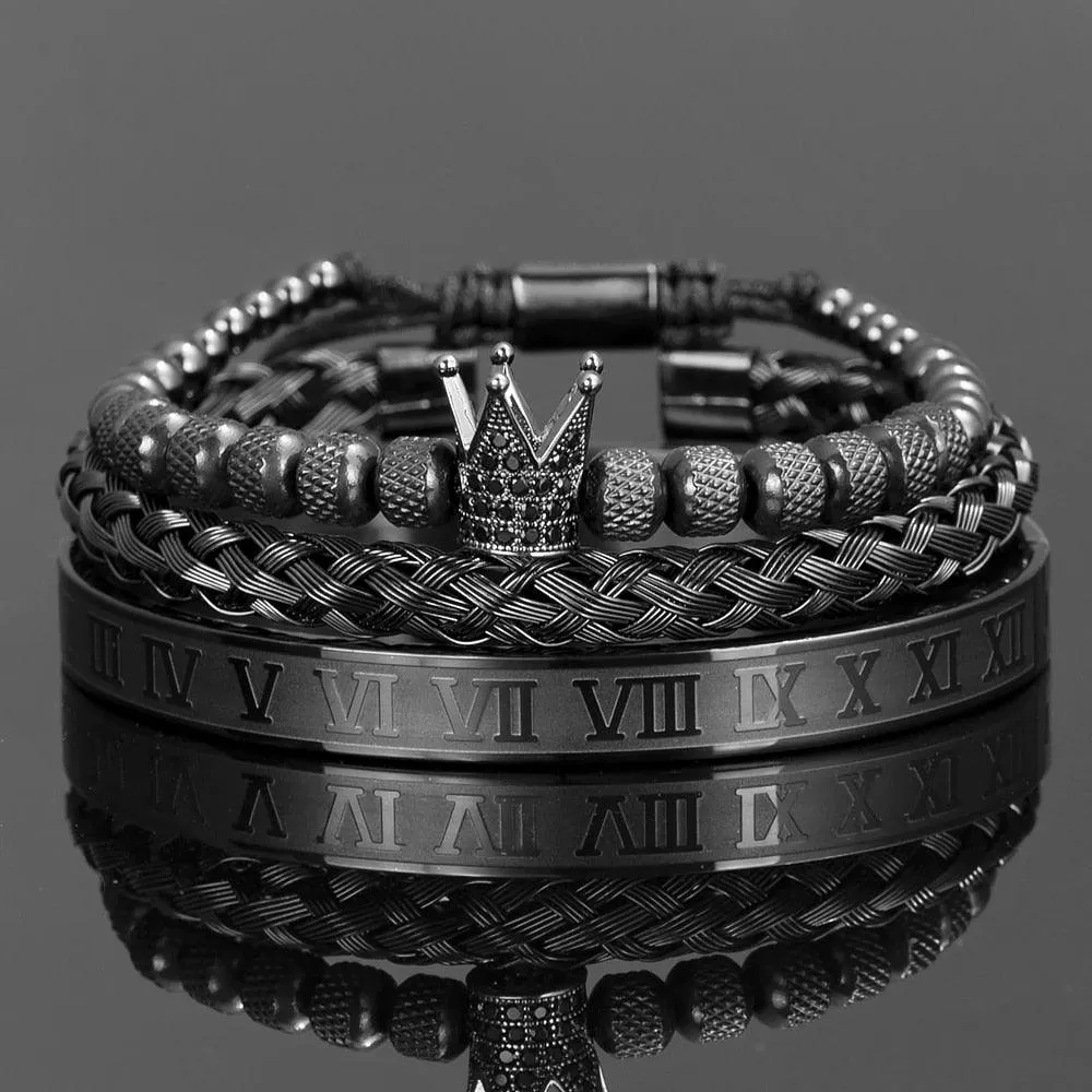 Luxury Crown Handmade Men Enamel Roman Numeral Bangles, Hemp Rope Buckle Open Stainless Steel Men Bracelet, Micro Pave CZ Luxury Jewelry