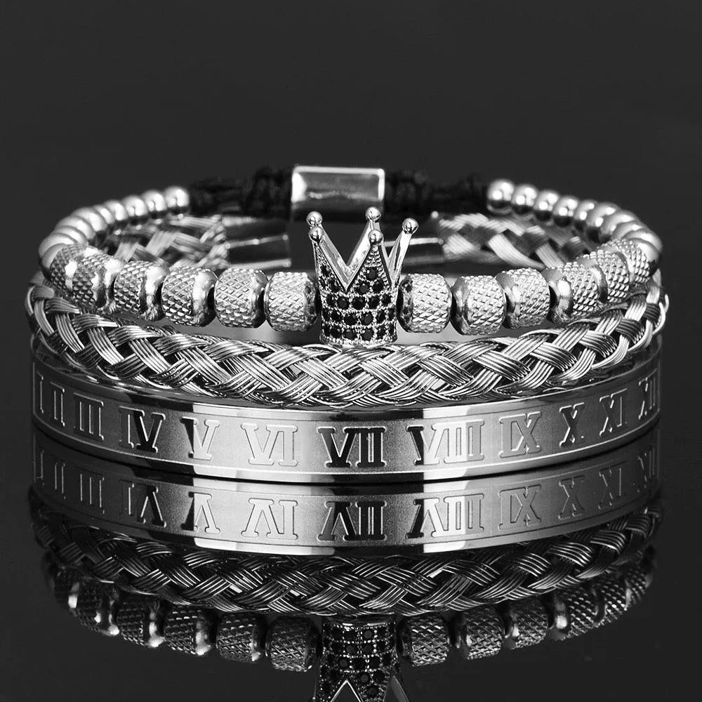 Luxury Crown Handmade Men Enamel Roman Numeral Bangles, Hemp Rope Buckle Open Stainless Steel Men Bracelet, Micro Pave CZ Luxury Jewelry