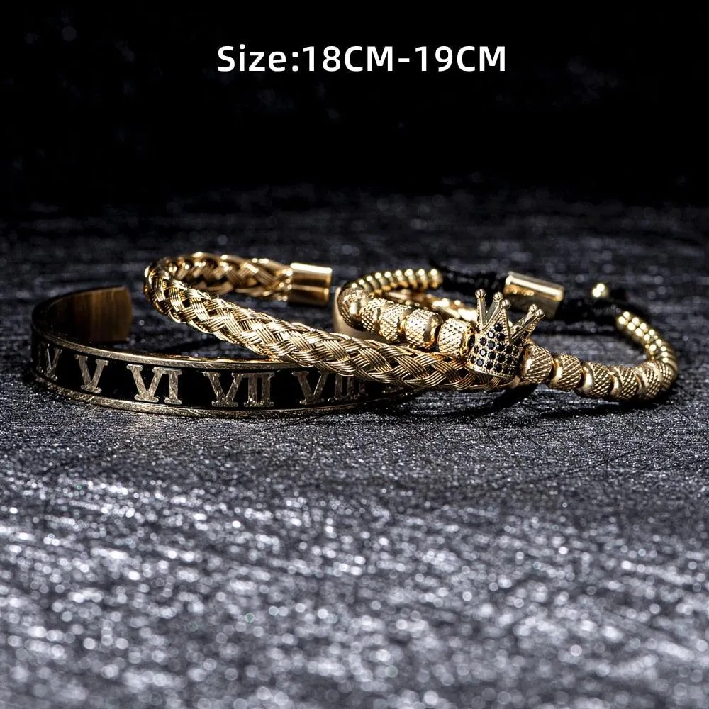 Luxury Crown Handmade Men Enamel Roman Numeral Bangles, Hemp Rope Buckle Open Stainless Steel Men Bracelet, Micro Pave CZ Luxury Jewelry