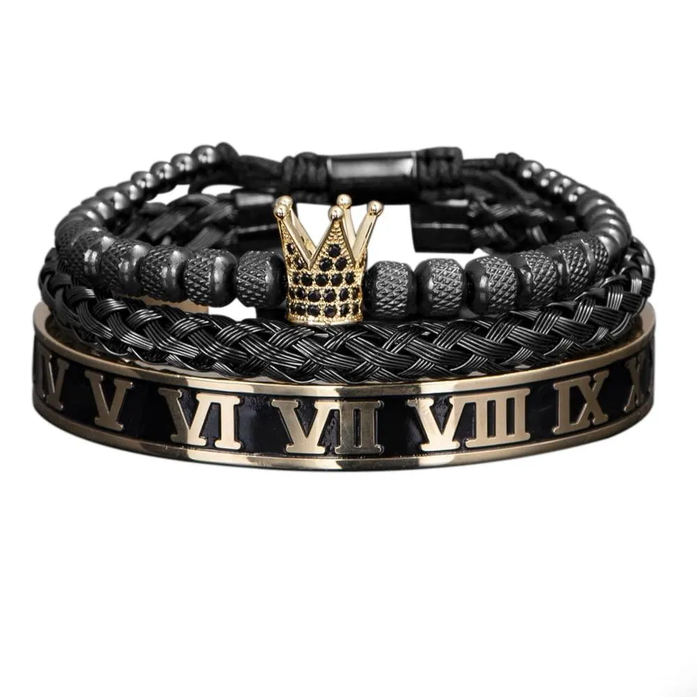 Luxury Crown Handmade Men Enamel Roman Numeral Bangles, Hemp Rope Buckle Open Stainless Steel Men Bracelet, Micro Pave CZ Luxury Jewelry