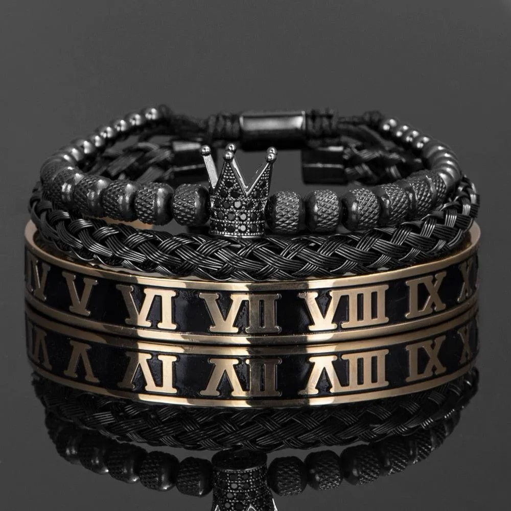 Luxury Crown Handmade Men Enamel Roman Numeral Bangles, Hemp Rope Buckle Open Stainless Steel Men Bracelet, Micro Pave CZ Luxury Jewelry