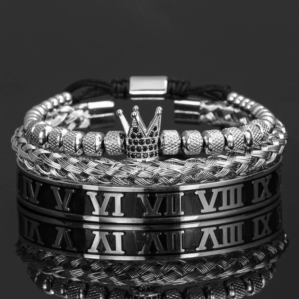 Luxury Crown Handmade Men Enamel Roman Numeral Bangles, Hemp Rope Buckle Open Stainless Steel Men Bracelet, Micro Pave CZ Luxury Jewelry