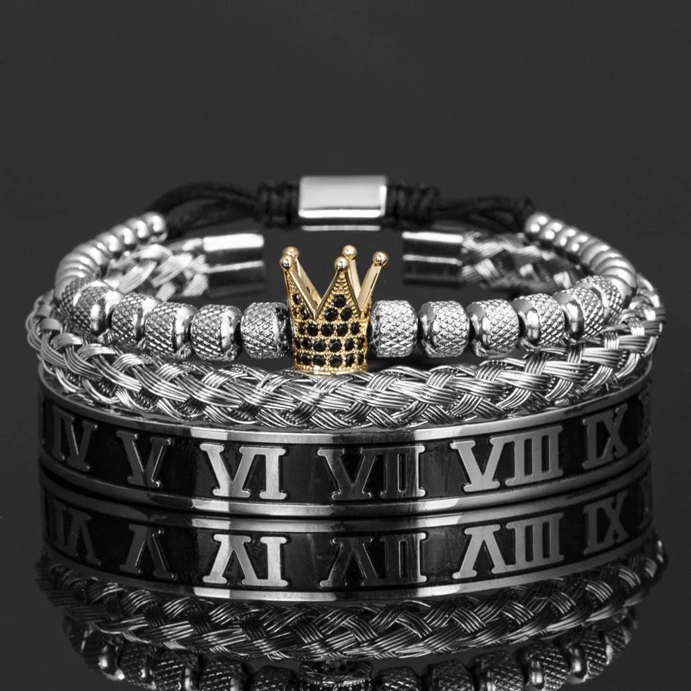 Luxury Crown Handmade Men Enamel Roman Numeral Bangles, Hemp Rope Buckle Open Stainless Steel Men Bracelet, Micro Pave CZ Luxury Jewelry