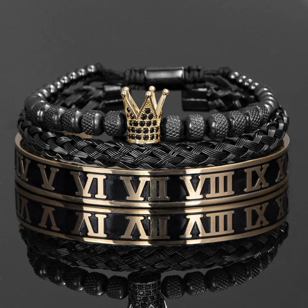 Luxury Crown Handmade Men Enamel Roman Numeral Bangles, Hemp Rope Buckle Open Stainless Steel Men Bracelet, Micro Pave CZ Luxury Jewelry