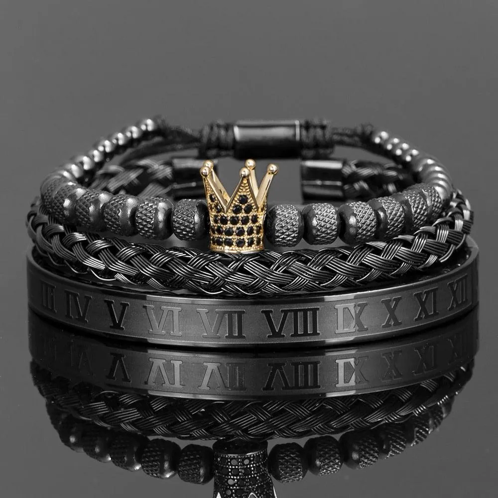 Luxury Crown Handmade Men Enamel Roman Numeral Bangles, Hemp Rope Buckle Open Stainless Steel Men Bracelet, Micro Pave CZ Luxury Jewelry