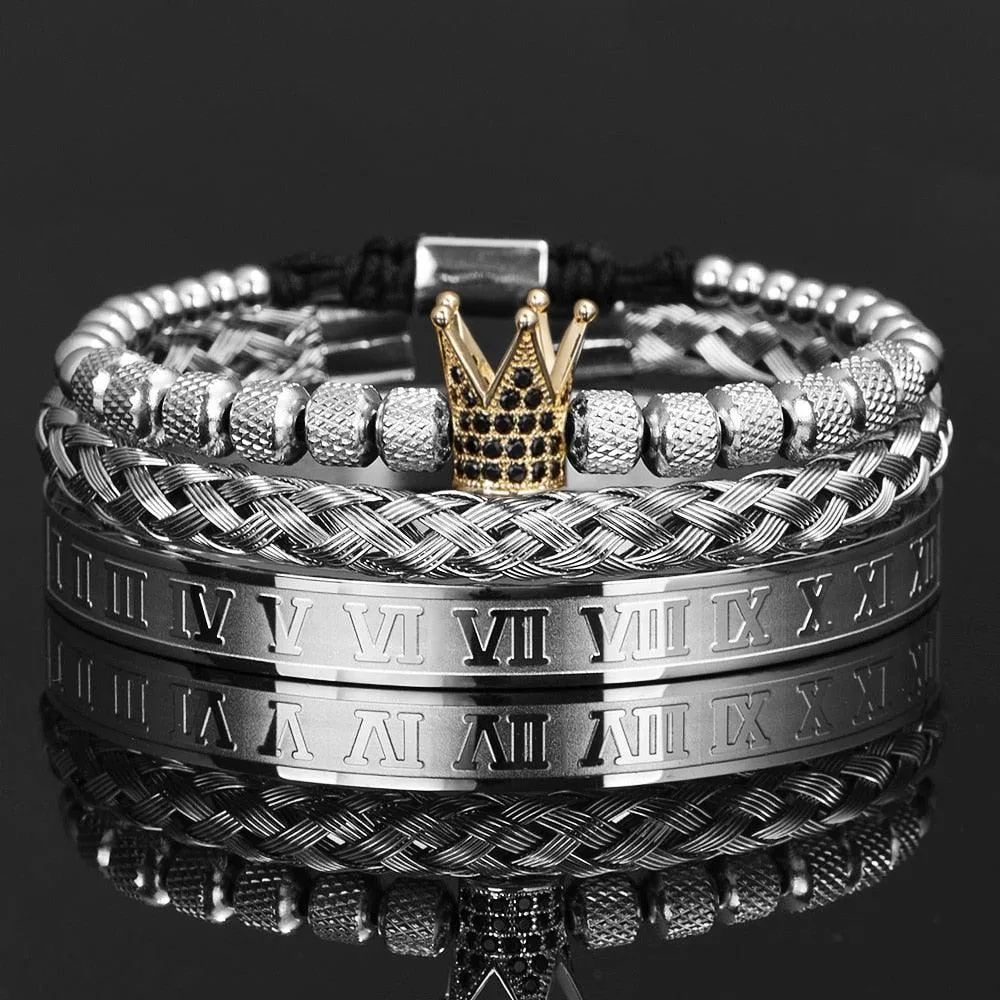 Luxury Crown Handmade Men Enamel Roman Numeral Bangles, Hemp Rope Buckle Open Stainless Steel Men Bracelet, Micro Pave CZ Luxury Jewelry