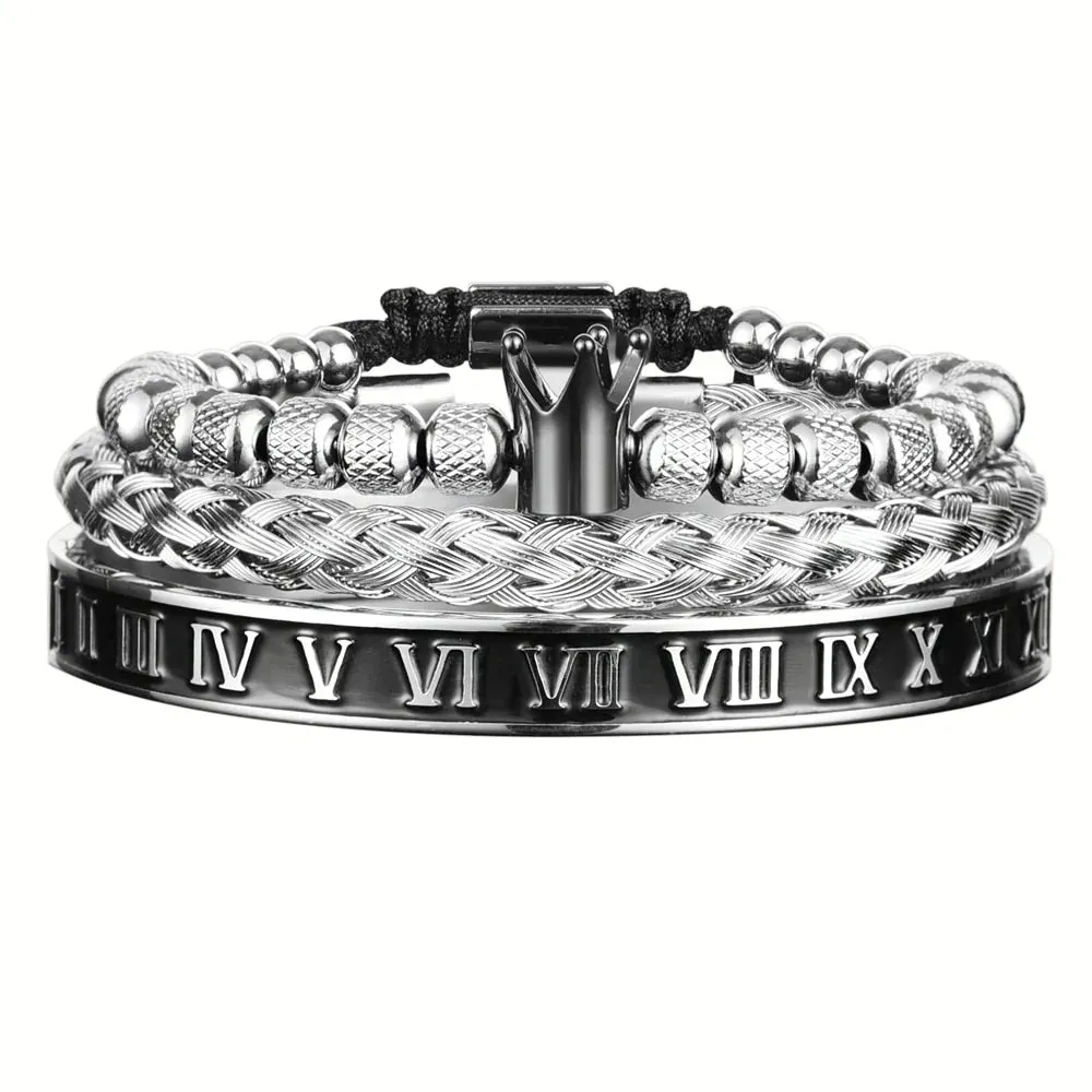 Luxury Enamel Roman Bracelet Royal Crown Charm, Men Stainless Steel Geometry Open Adjustable Bracelets