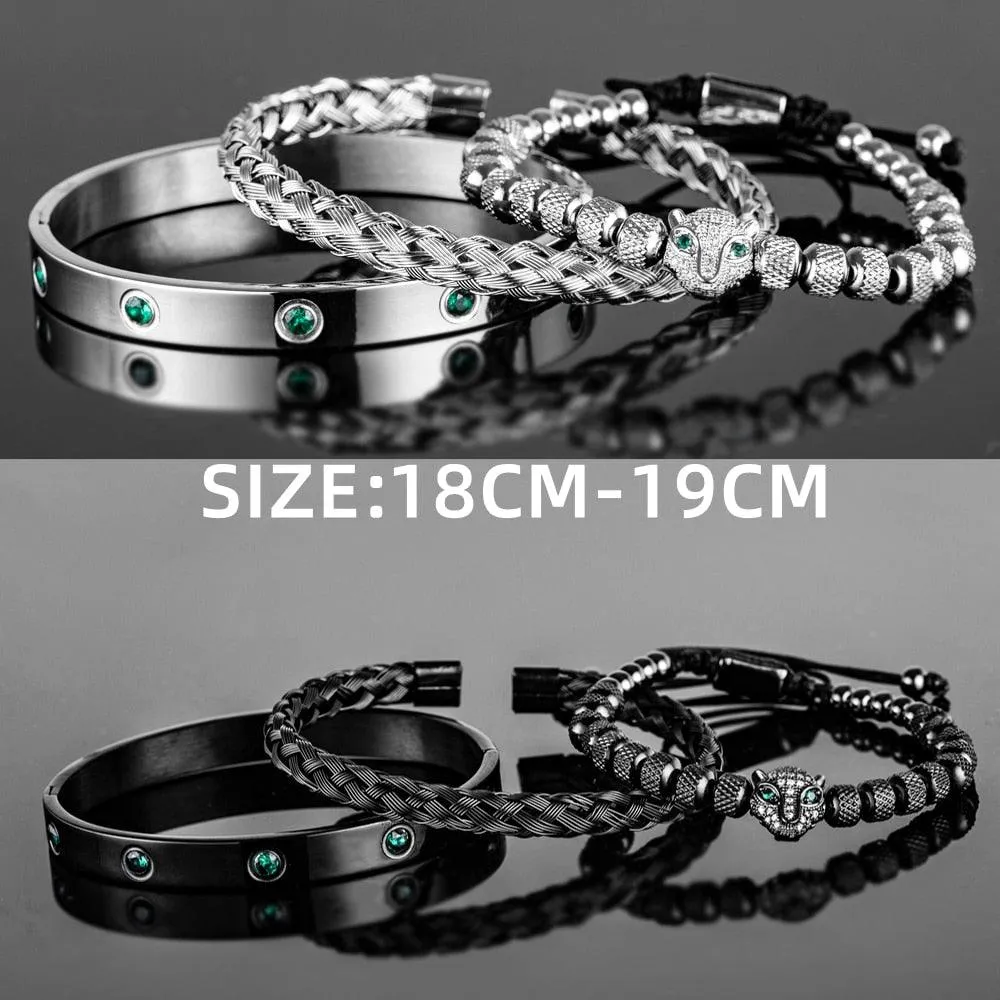 Luxury Micro Pave Green CZ Leopard Head Royal Charm Men Bracelets, Stainless Steel Crystals Bangles, Handmade Men Bracelets