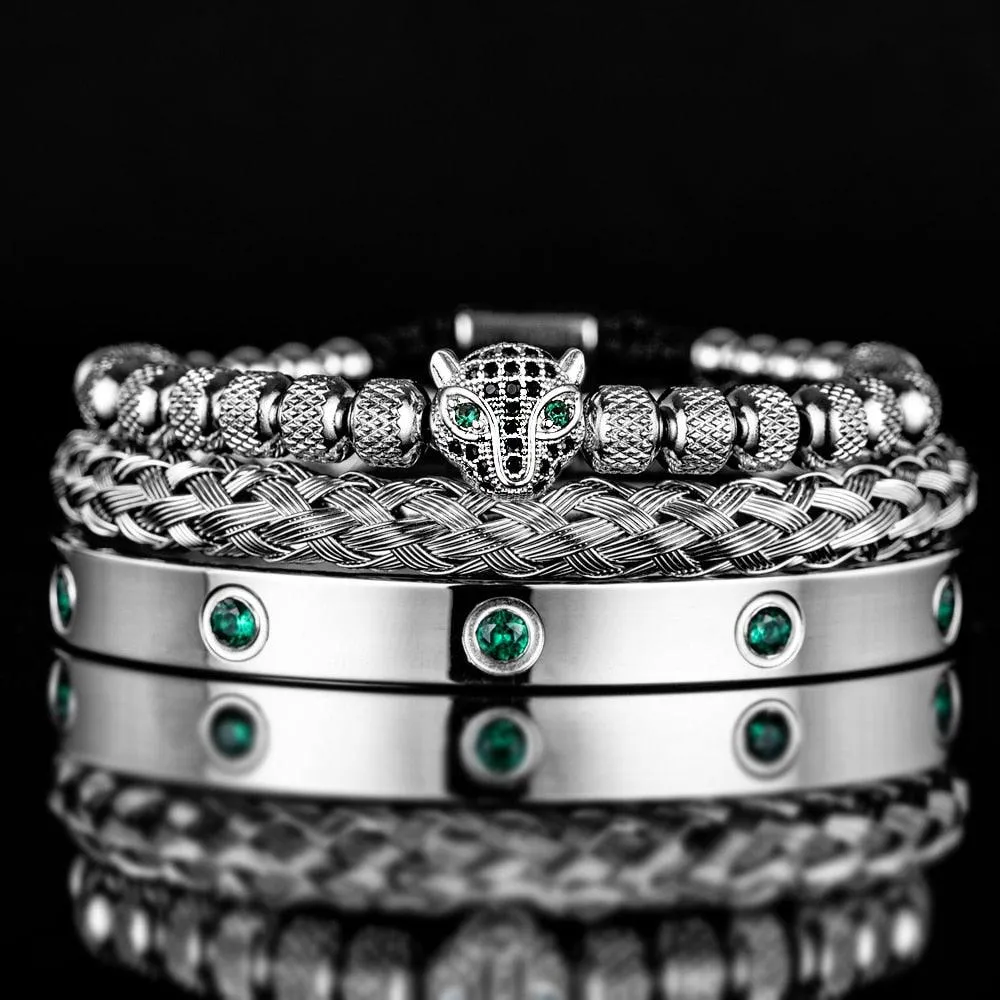 Luxury Micro Pave Green CZ Leopard Head Royal Charm Men Bracelets, Stainless Steel Crystals Bangles, Handmade Men Bracelets