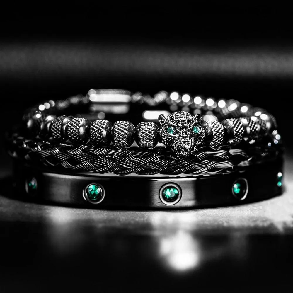 Luxury Micro Pave Green CZ Leopard Head Royal Charm Men Bracelets, Stainless Steel Crystals Bangles, Handmade Men Bracelets