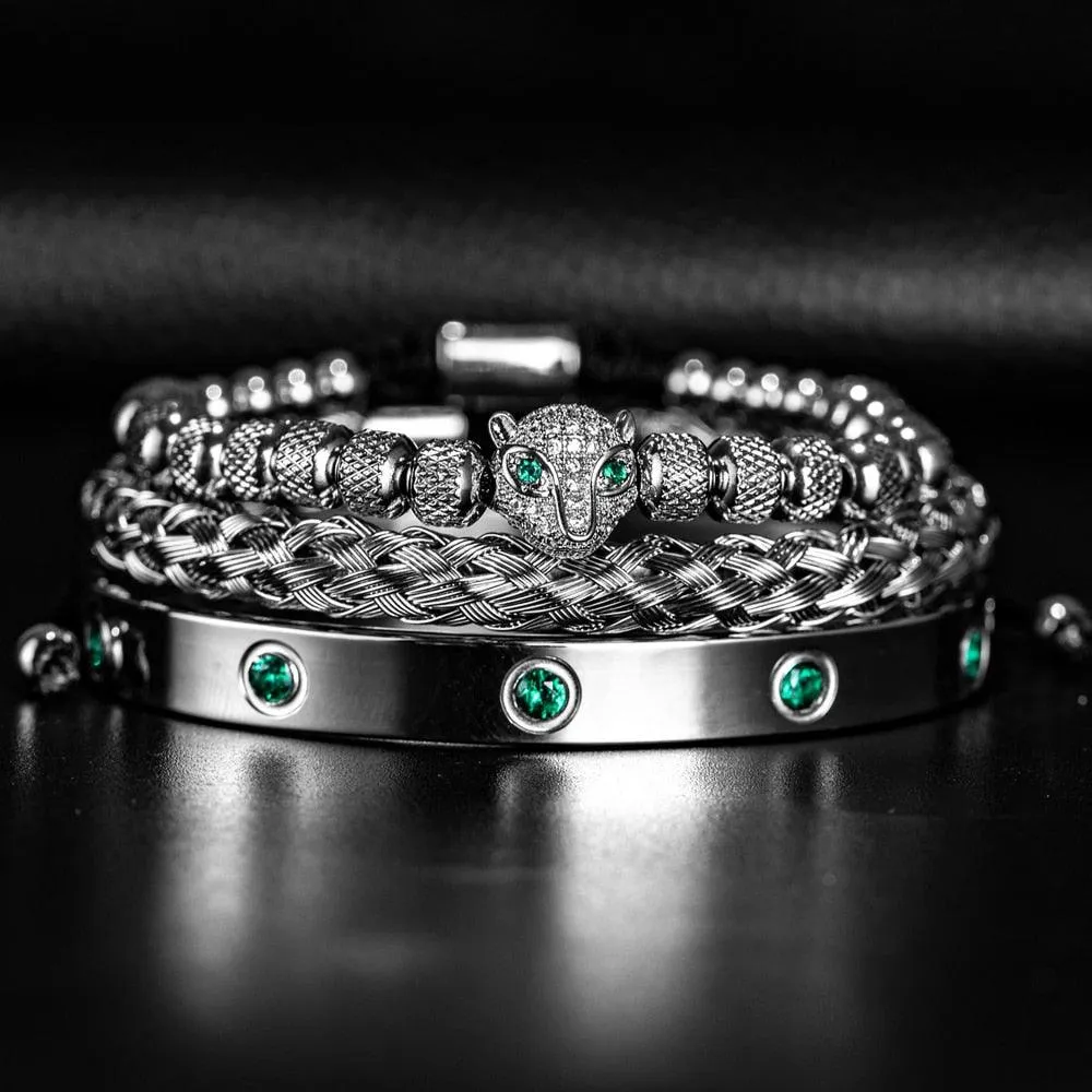 Luxury Micro Pave Green CZ Leopard Head Royal Charm Men Bracelets, Stainless Steel Crystals Bangles, Handmade Men Bracelets