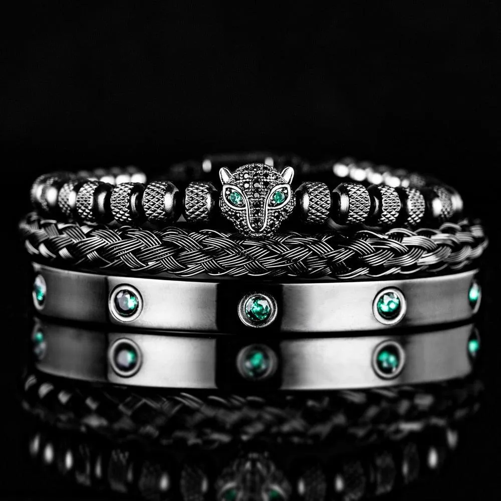 Luxury Micro Pave Green CZ Leopard Head Royal Charm Men Bracelets, Stainless Steel Crystals Bangles, Handmade Men Bracelets