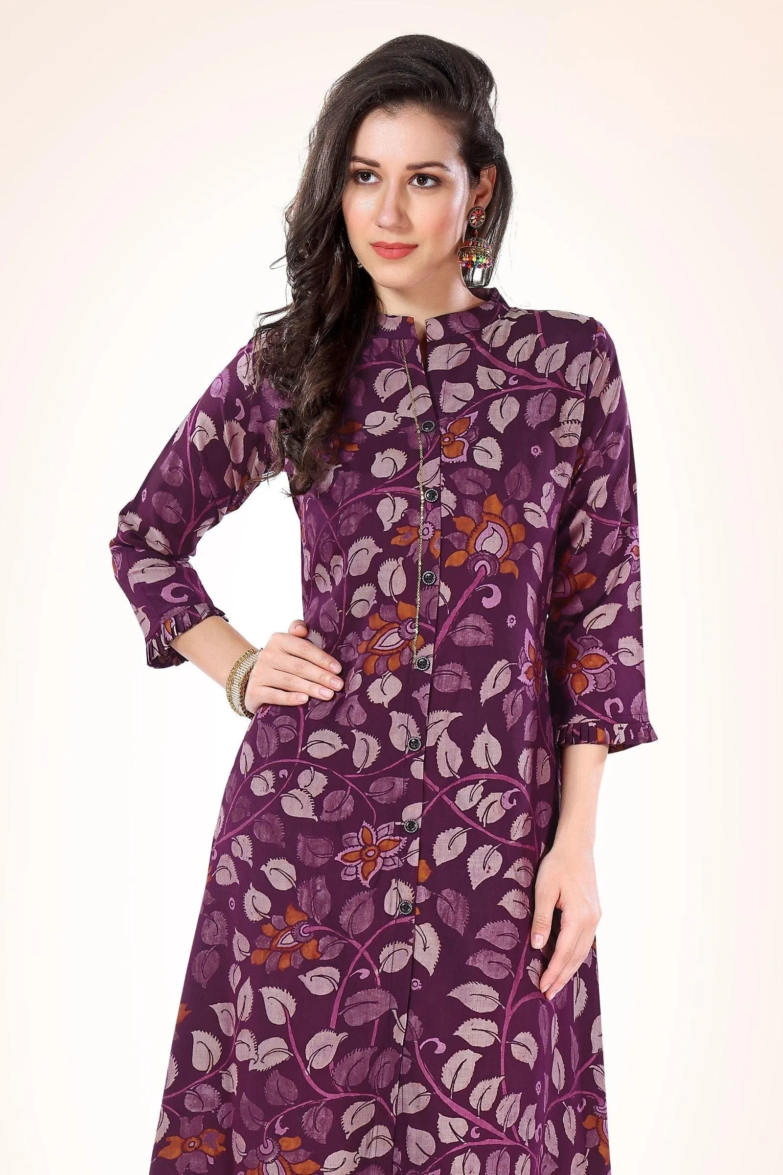 Magenta Digital Print Aline Cut Calf Length Kurti