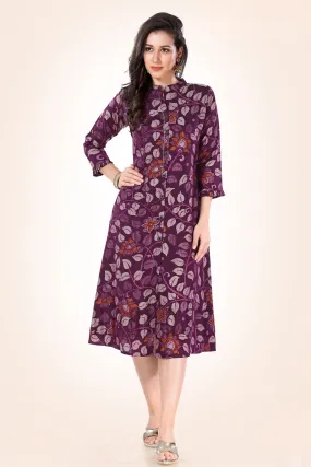 Magenta Digital Print Aline Cut Calf Length Kurti