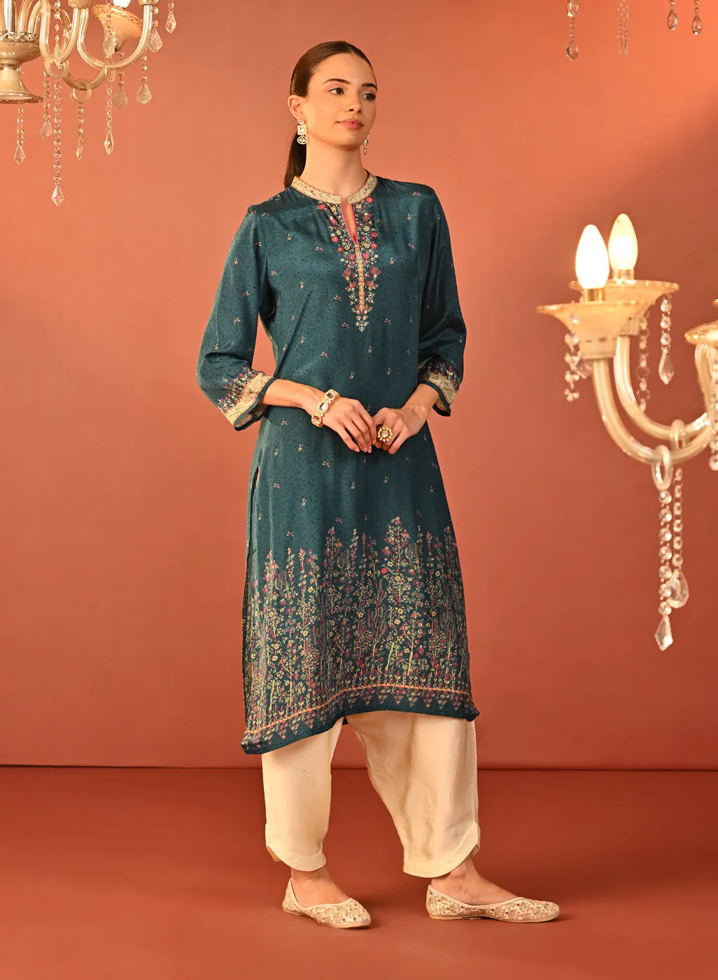 Mehak Teal Blue Printed Viscose Long Kurta for Women