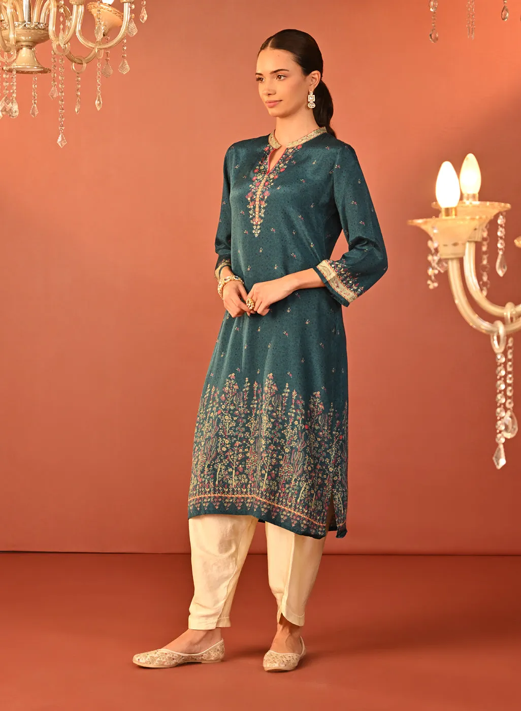 Mehak Teal Blue Printed Viscose Long Kurta for Women