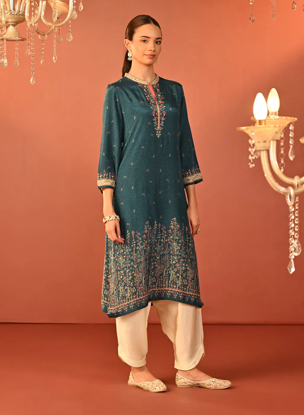 Mehak Teal Blue Printed Viscose Long Kurta for Women