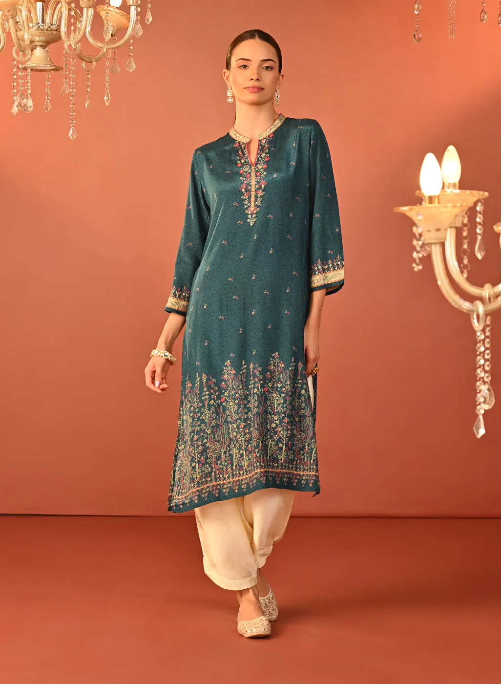 Mehak Teal Blue Printed Viscose Long Kurta for Women