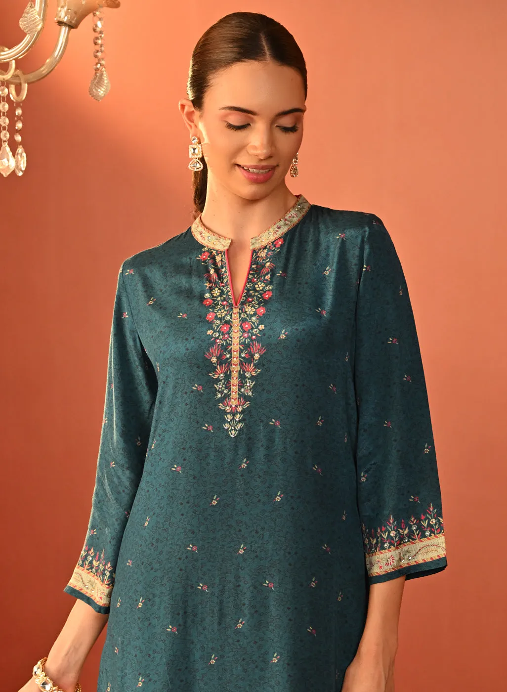 Mehak Teal Blue Printed Viscose Long Kurta for Women