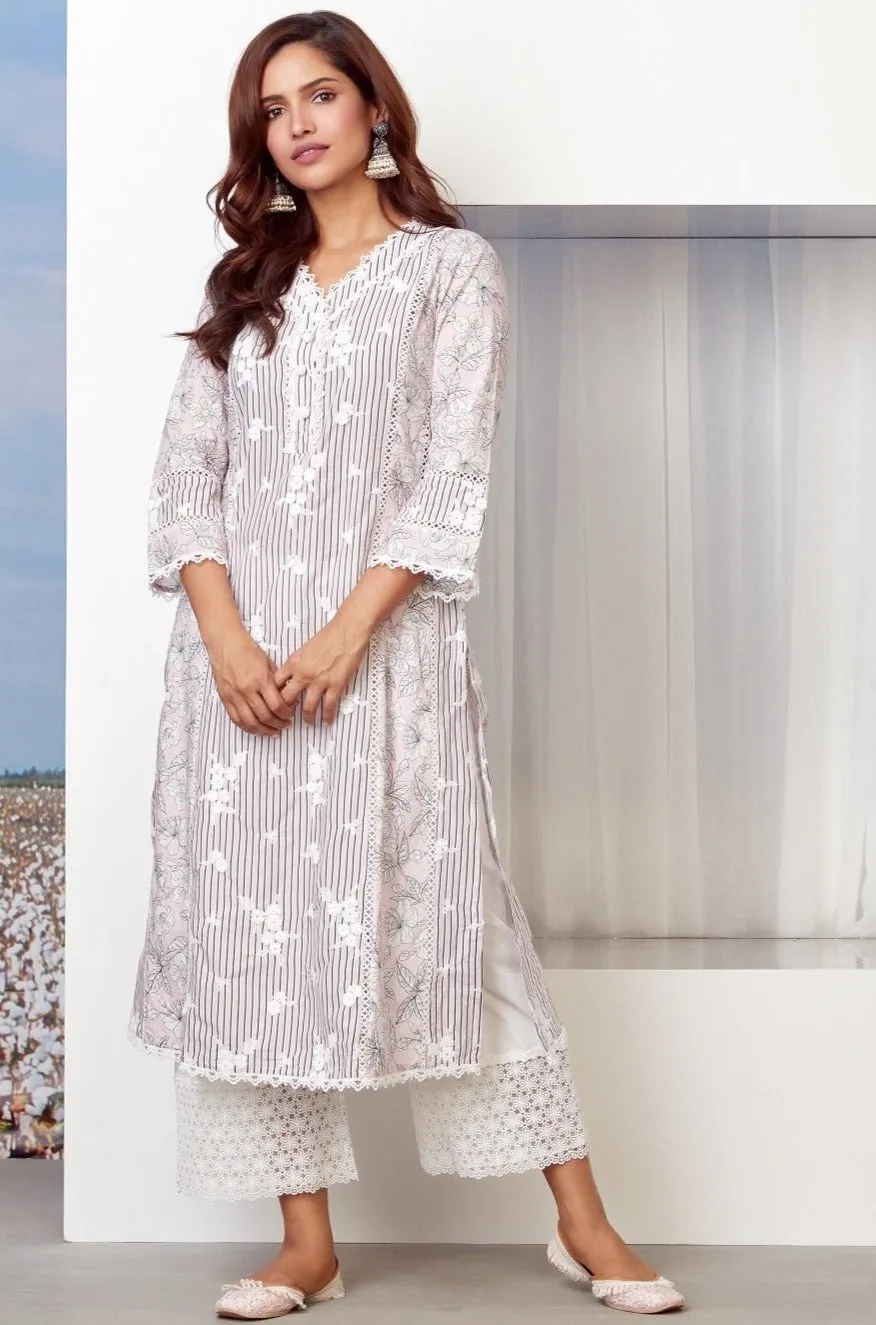 Mulmul Cotton Carnaby Kurta Pink With Lina Palazzo