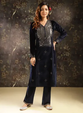 Navy Blue Embroidered Velvet Kurta Set for Women