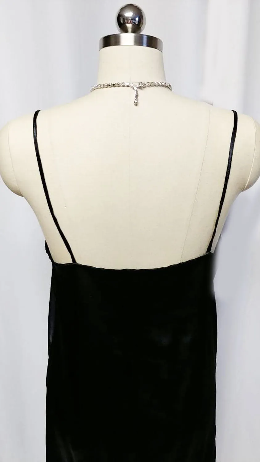 *NEW OLD STOCK - MADE IN ITALY '80S BLACK SATIN NIGHTGOWN WITH FLORAL & LEAF APPLIQUES