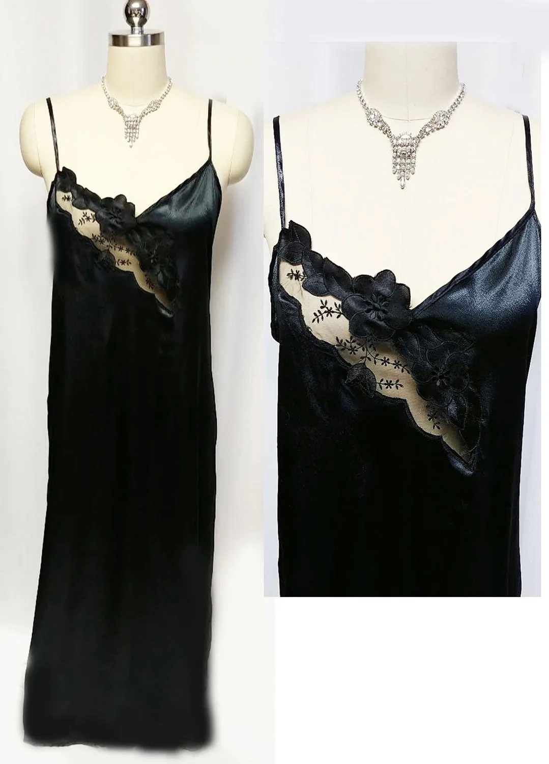 *NEW OLD STOCK - MADE IN ITALY '80S BLACK SATIN NIGHTGOWN WITH FLORAL & LEAF APPLIQUES