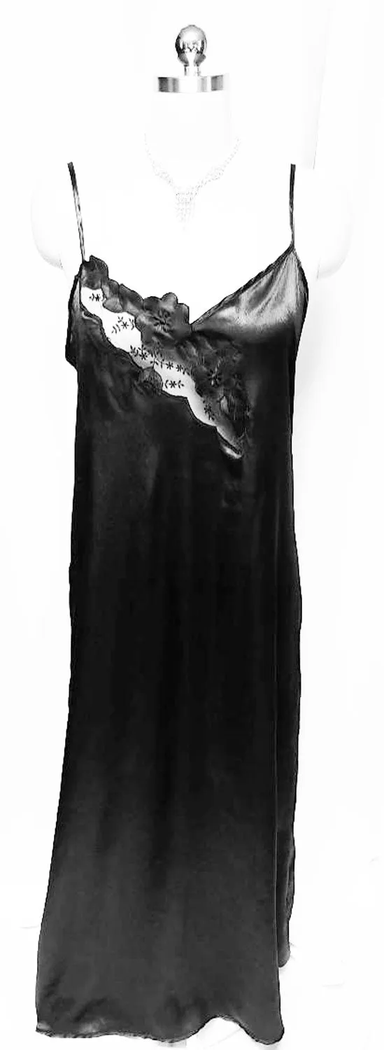 *NEW OLD STOCK - MADE IN ITALY '80S BLACK SATIN NIGHTGOWN WITH FLORAL & LEAF APPLIQUES