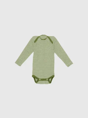 organic merino wool and silk long-sleeved onesie in green/natural stripe - baby/toddler