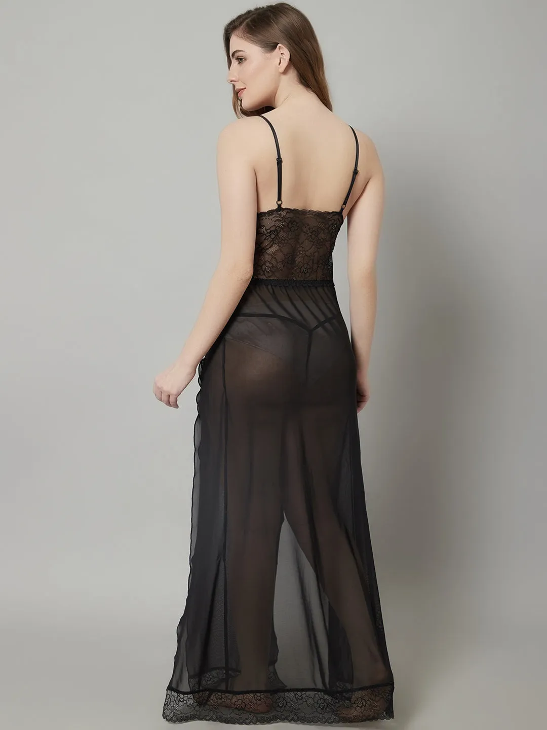 Overall Net With Lace Steamy Long Gown With Gloves- Black