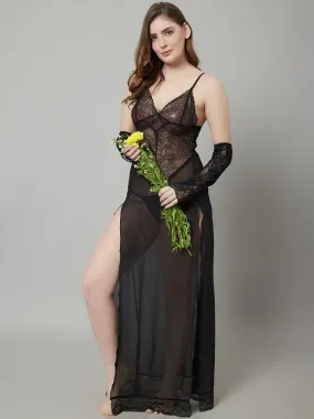 Overall Net With Lace Steamy Long Gown With Gloves- Black